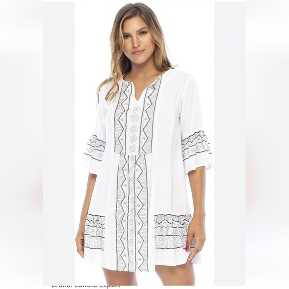 Bali Tops - NWOT Back from Bali Embroidered Tunic Top Dress Trumpet Sleeves V-neck Size M